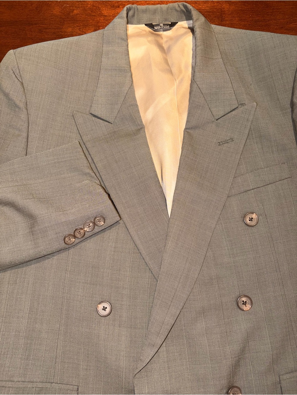 VTG Saks Fifth Avenue Double Breasted Virgin Wool Blazer Gray-Pinstripe 42R